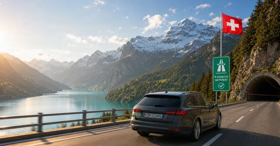 Österreich: Autobahn und Alpenpanorama (Hintergrund)